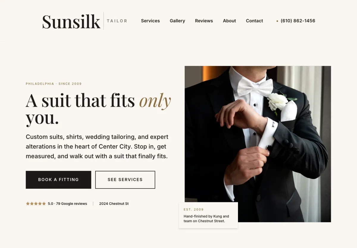 Sunsilk Tailor website showing its services and fitting inquiry button
